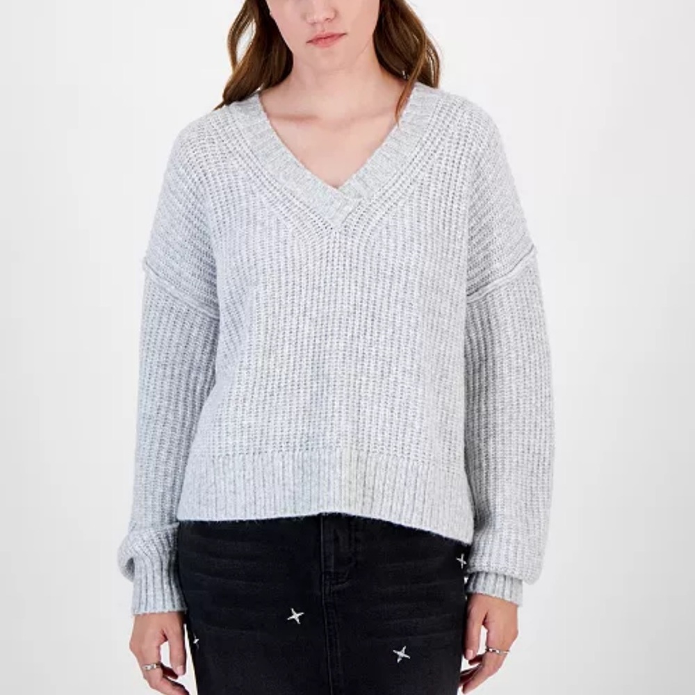 NEW! Hippie Rose Crochet Knit‎ Sweater Oversized Light Gray V-Neck Juniors XL